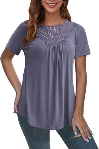 AAMILIFE المرأة بلوزات حجم كبير قمصان قصيرة الأكمام الدانتيل مطوي تونك السببية المحملة البلوزات M-4XL in Kuwait