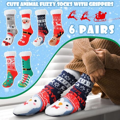 Suhine 6 Pairs Winter Women's Non Slip Slipper Socks With Grippers Soft Warm Fuzzy Fleece Lining Knitting Slipper Socks for Gifts in Saudi Arabia