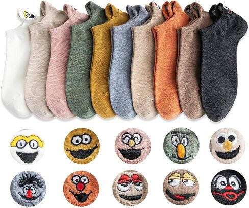 DsHome 10 أزواج من الجوارب النسائية اللطيفة المصنوعة من القطن Kawaii المطرزة المضحكة ذات القطع المنخفضة للنساء والفتيات جوارب الكاحل القطنية - 10 تصميمات ممتعة مختلفة مقاس 5-11 in Saudi Arabia