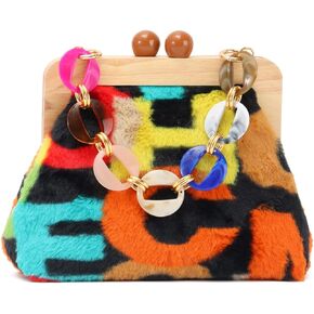 LUI SUI Women's Trendy Plush Shoulder Bag Kiss Lock Evening Bag Soft Fluffy Tote Bag Wedding Party Clutch