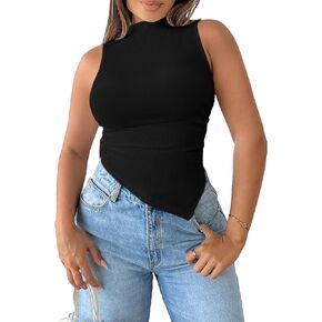 WDIRARA Women's Mock Neck Asymmetrical Hem Tank Top Ruched Side Sleeveless Casual Tank Tops in Saudi Arabia
