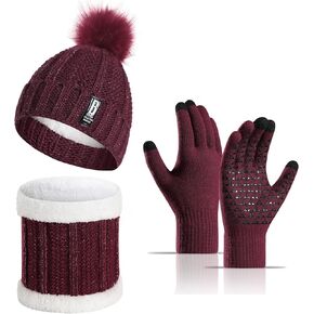 Pom Beanie Hat Scarf Gloves Set 3 in 1 Warm Thick Lining Slouchy Beanie Hats Scarf Touch Screen Gloves for Womens Girls