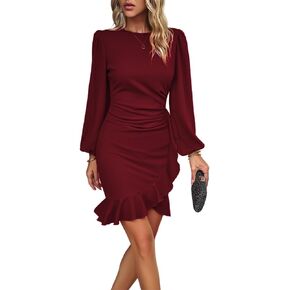 Women’s Long Sleeves Bodycon Mini Dress Ruched Puff Sleeve Ruffle Hem Round Neck Pencil Cocktail Party Work Office Dress