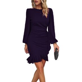 Women’s Long Sleeves Bodycon Mini Dress Ruched Puff Sleeve Ruffle Hem Round Neck Pencil Cocktail Party Work Office Dress