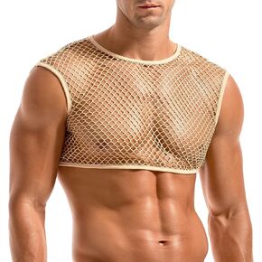 AMY COULEE Mens Fishnet Crop Top Sexy Mesh Tank Top See Through Sleeveless Undershirts Nightclub Party Vest