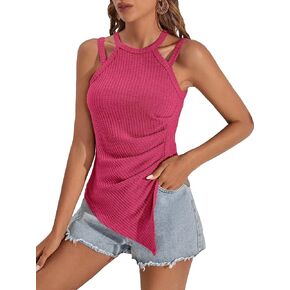 Floerns Women's Cut Out Halter Neck Asymmetrical Hem Sleeveless Causal Tank Top