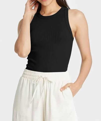 Dellytop Summer Womens Tank Tops - Casual Sleeveless Basic Cami Top Shirt Slim Knit Ribbed Racerback Workout Blouses Black-b in Kuwait