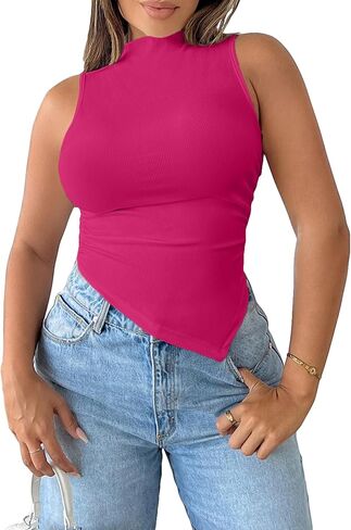 WDIRARA Women's Mock Neck Asymmetrical Hem Tank Top Ruched Side Sleeveless Casual Tank Tops in Kuwait