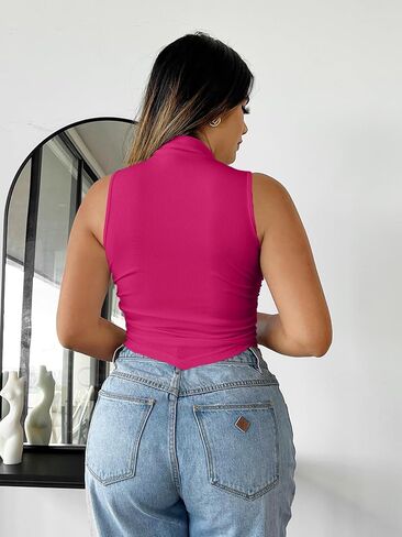WDIRARA Women's Mock Neck Asymmetrical Hem Tank Top Ruched Side Sleeveless Casual Tank Tops in Kuwait
