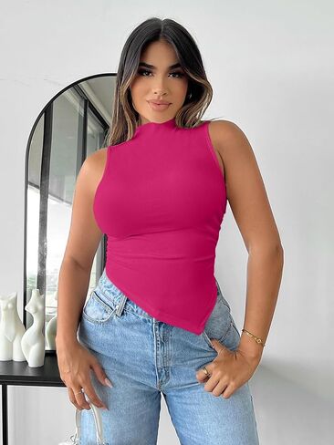 WDIRARA Women's Mock Neck Asymmetrical Hem Tank Top Ruched Side Sleeveless Casual Tank Tops in Kuwait