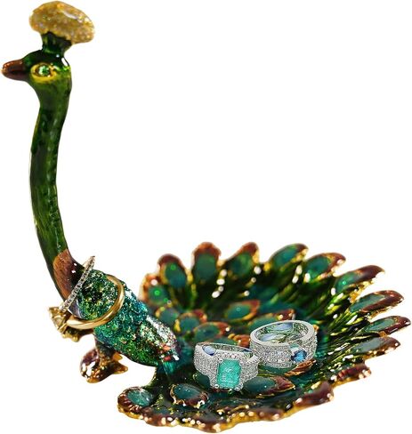 Home-X Peacock Ring Jewelry Holder Dish – Pewter and Enamel Bird Jewelry Organizer for Earrings, Rings, Bracelets, Home Decor Trinket Tray, Engagement & Wedding Ring Stand, Ideal Gift in Saudi Arabia