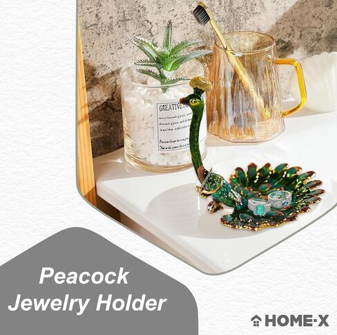 Home-X Peacock Ring Jewelry Holder Dish – Pewter and Enamel Bird Jewelry Organizer for Earrings, Rings, Bracelets, Home Decor Trinket Tray, Engagement & Wedding Ring Stand, Ideal Gift in Saudi Arabia