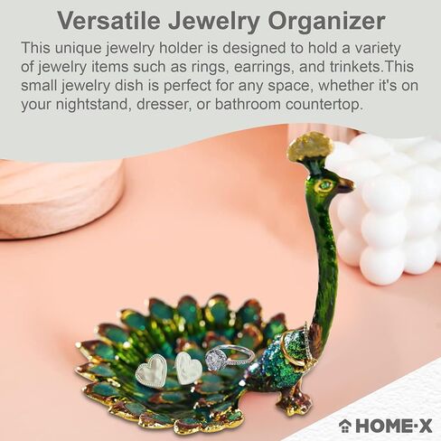 Home-X Peacock Ring Jewelry Holder Dish – Pewter and Enamel Bird Jewelry Organizer for Earrings, Rings, Bracelets, Home Decor Trinket Tray, Engagement & Wedding Ring Stand, Ideal Gift in Saudi Arabia