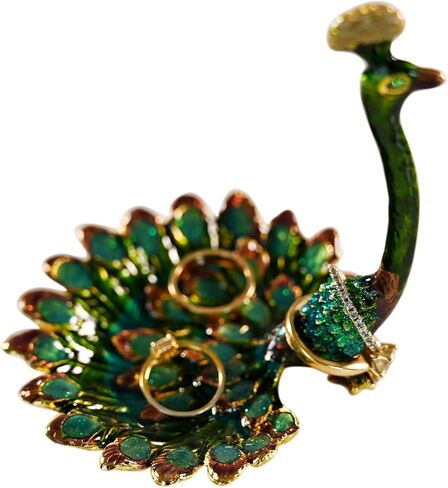 Home-X Peacock Ring Jewelry Holder Dish – Pewter and Enamel Bird Jewelry Organizer for Earrings, Rings, Bracelets, Home Decor Trinket Tray, Engagement & Wedding Ring Stand, Ideal Gift in Saudi Arabia