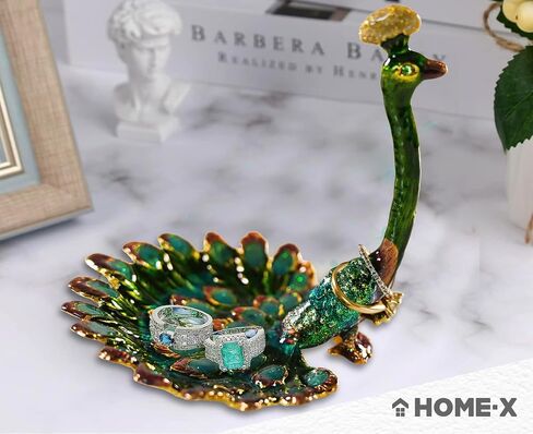 Home-X Peacock Ring Jewelry Holder Dish – Pewter and Enamel Bird Jewelry Organizer for Earrings, Rings, Bracelets, Home Decor Trinket Tray, Engagement & Wedding Ring Stand, Ideal Gift in Saudi Arabia