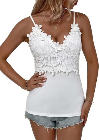 OYOANGLE Women's Floral Lace V Neck Spaghetti Strap Sleeveless Elegant Cami Top in Saudi Arabia