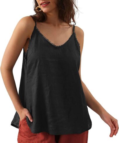 Amazhiyu Women's Pure Linen Summer Camisole Sleeveless V Neck Tops with Tassels in Kuwait