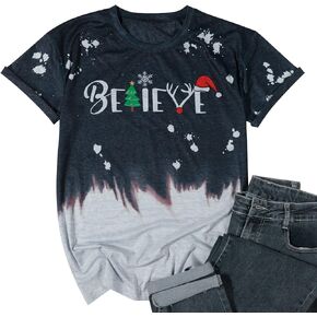 Christmas Believe Tree Shirt Cute Short Sleeve Christmas Graphic Tee Shirts Tops for Women Christmas Shirts