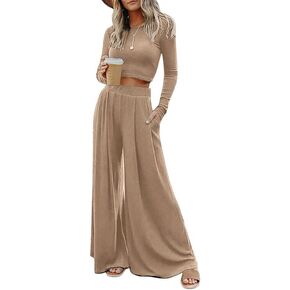 Dokotoo Women's 2 Piece Outfits Crewneck Long Sleeve Crop Tops and Wide Leg Pants Sets in Saudi Arabia
