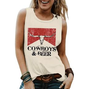 Cowboys & Beer Steer Skull Tank Tops Women Western Vintage Country Music Tanks Summer Vacation Sleeveless Shirts