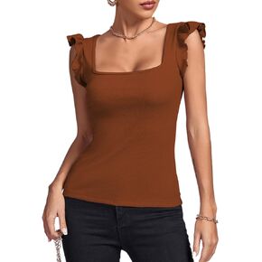 LYANER Women's Square Neck Ruffle Cap Sleeve Ribbed Knit Solid Slim Fit Tee Top