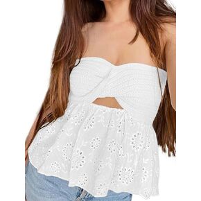 Umenlele Women's Strapless Twist Front Ruffle Hem Knitted Bandeau Tube Crop Top in Kuwait