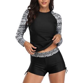 Aqua Eve Women Two Piece Rash Guard Long Sleeve Swimsuit Swim Shirt with Shorts Modest Bathing Suit UPF 50+ in Kuwait