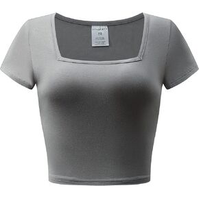 OThread & Co. Women's Short Sleeve Square Neck Crop Top Basic Comfy Stretch Tee in Kuwait