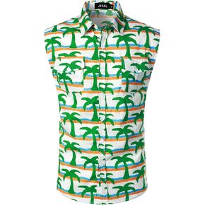 JOGAL Men's Sleeveless Flower Casual Button Down Hawaiian Shirt