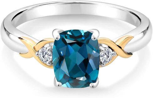 خاتم Gem Stone King بدرجتين من الذهب الأصفر عيار 10 قيراط والفضة الإسترلينية 925 من التوباز الأزرق في لندن والماس الأبيض المزروع في مختبر (1.68 قيراط، حجر ميلاد الأحجار الكريمة، متوفر بمقاس 5، 6، 7، 8، 9) in Saudi Arabia