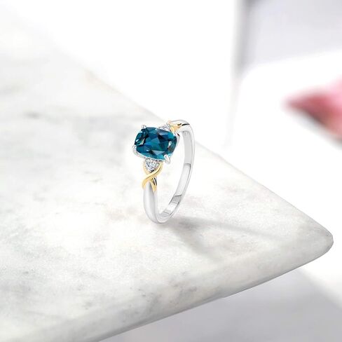 خاتم Gem Stone King بدرجتين من الذهب الأصفر عيار 10 قيراط والفضة الإسترلينية 925 من التوباز الأزرق في لندن والماس الأبيض المزروع في مختبر (1.68 قيراط، حجر ميلاد الأحجار الكريمة، متوفر بمقاس 5، 6، 7، 8، 9) in Saudi Arabia