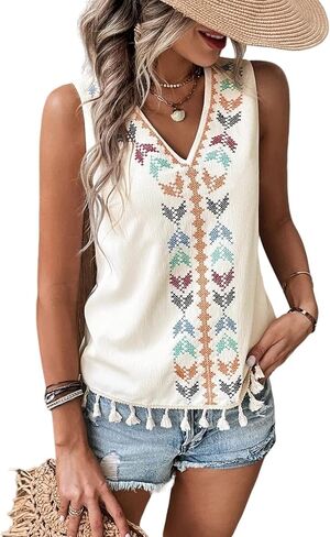 Perbai Womens Summer Fringed Tank Top V Neck Boho Mexican Embroidered Sleeveless Shirt Blouse in Kuwait