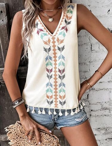Perbai Womens Summer Fringed Tank Top V Neck Boho Mexican Embroidered Sleeveless Shirt Blouse in Kuwait