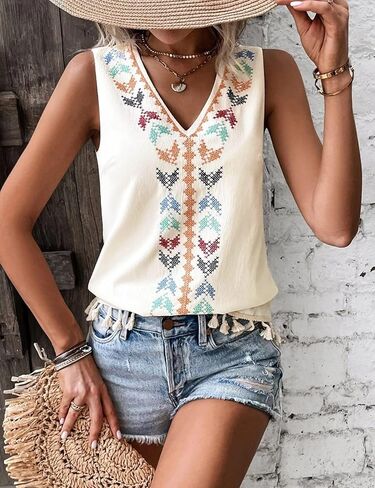 Perbai Womens Summer Fringed Tank Top V Neck Boho Mexican Embroidered Sleeveless Shirt Blouse in Kuwait