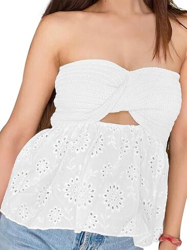 Umenlele Women's Strapless Twist Front Ruffle Hem Knitted Bandeau Tube Crop Top in Kuwait