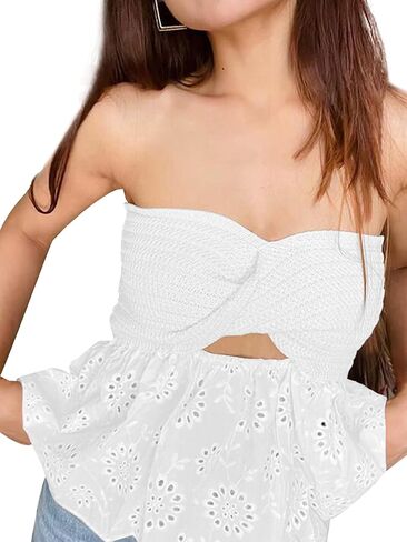 Umenlele Women's Strapless Twist Front Ruffle Hem Knitted Bandeau Tube Crop Top in Kuwait