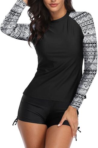 Aqua Eve Women Two Piece Rash Guard Long Sleeve Swimsuit Swim Shirt with Shorts Modest Bathing Suit UPF 50+ in Kuwait