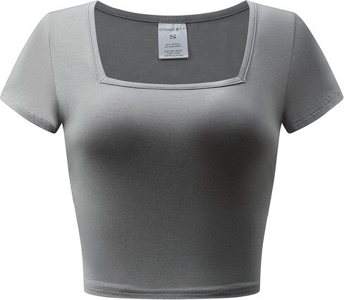 OThread & Co. Women's Short Sleeve Square Neck Crop Top Basic Comfy Stretch Tee in Kuwait