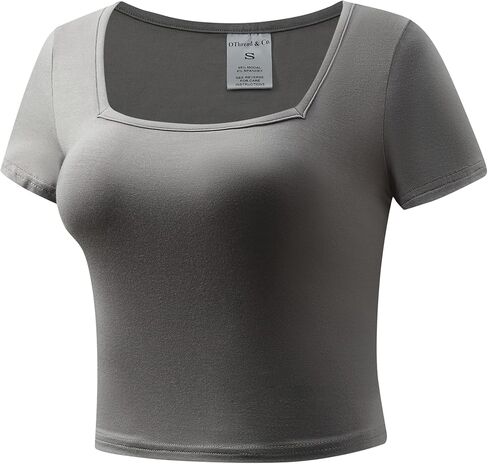 OThread & Co. Women's Short Sleeve Square Neck Crop Top Basic Comfy Stretch Tee in Kuwait