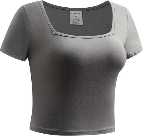 OThread & Co. Women's Short Sleeve Square Neck Crop Top Basic Comfy Stretch Tee in Kuwait