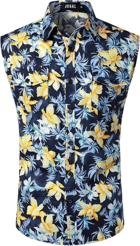 قميص JOGAL الرجالي بدون أكمام مزين بالزهور كاجوال بأزرار سفلية من هاواي in Kuwait