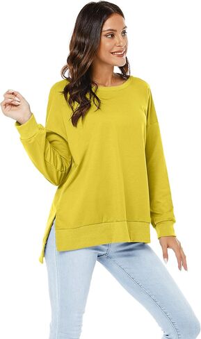 بلوفر VIISHOW نسائي طويل الأكمام بياقة دائرية وفضفاضة ومقاس أساسي بلون موحد وفتحة جانبية in Kuwait