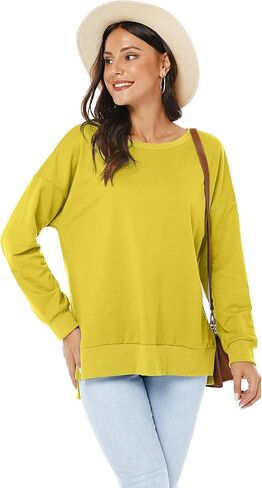 بلوفر VIISHOW نسائي طويل الأكمام بياقة دائرية وفضفاضة ومقاس أساسي بلون موحد وفتحة جانبية in Kuwait