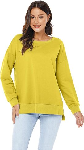 بلوفر VIISHOW نسائي طويل الأكمام بياقة دائرية وفضفاضة ومقاس أساسي بلون موحد وفتحة جانبية in Kuwait