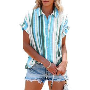 SySea Womens Short Sleeve Striped Shirts Casual Button Down V Neck Work Blouses Tops