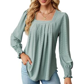Upopby Women's Long Sleeve Tunic Tops Pleated Square Neck Shirts Loose Fit Casual Dressy Casual Work Blouse Shirts