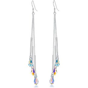 AOBOCO 925 Sterling Silver Teardrop Drop Dangle Earrings with Aurora Borealis Austrian Crystals