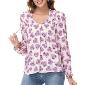 MCEDAR Womens Floral Printed Smocked Blouse V Neck Long Sleeve Casual Loose Drawstring Boho Swing Tops