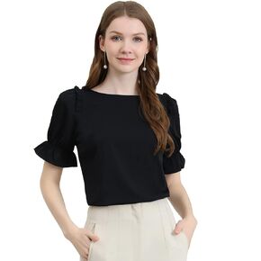 Allegra K Women's Round Neck Short Puff Sleeves Ruffle Top Blouses