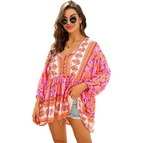 HECCPLI Women Boho V-neck 3/4 Sleeves Tunic Top Relaxed Fit Casual Print Blouse